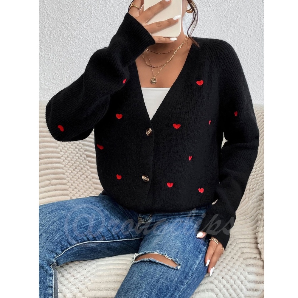 Red Hearts Cardigan Black Oversized Long Sleeve, Button Through Drop Shoulder - Picture 2 of 7